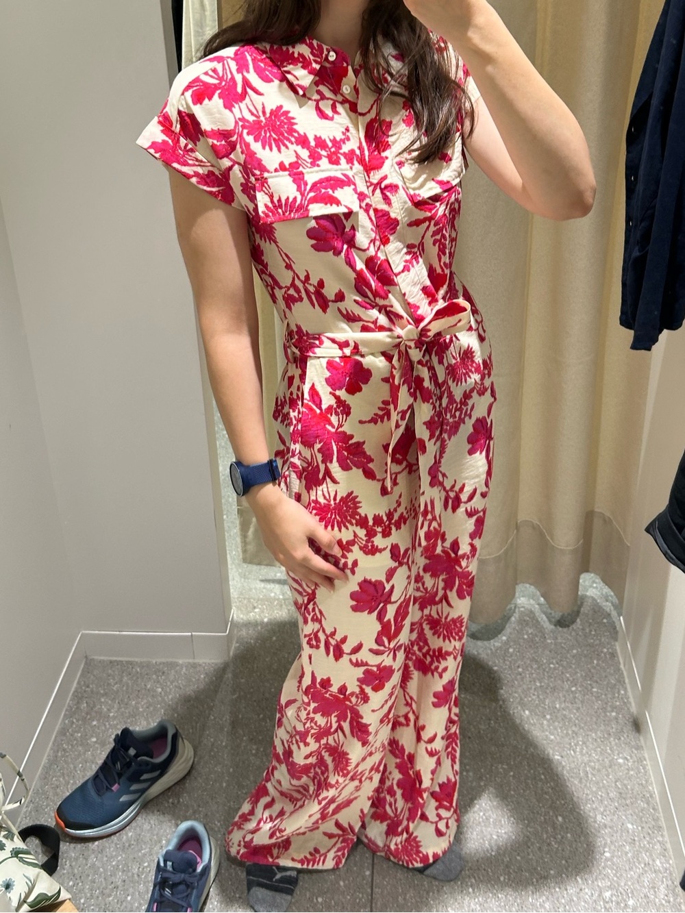 Mango Floral Tie-Waist Jumpsuit in Cream and Fuchsia